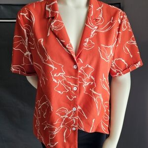 SHEIN Red and White Floral Button-Down Shirt